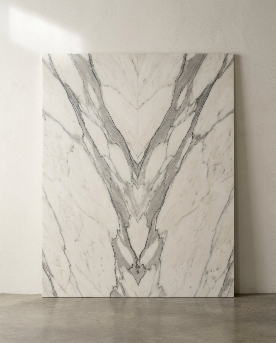 Bookmatched Calacatta marble slab leaning against a plaster wall